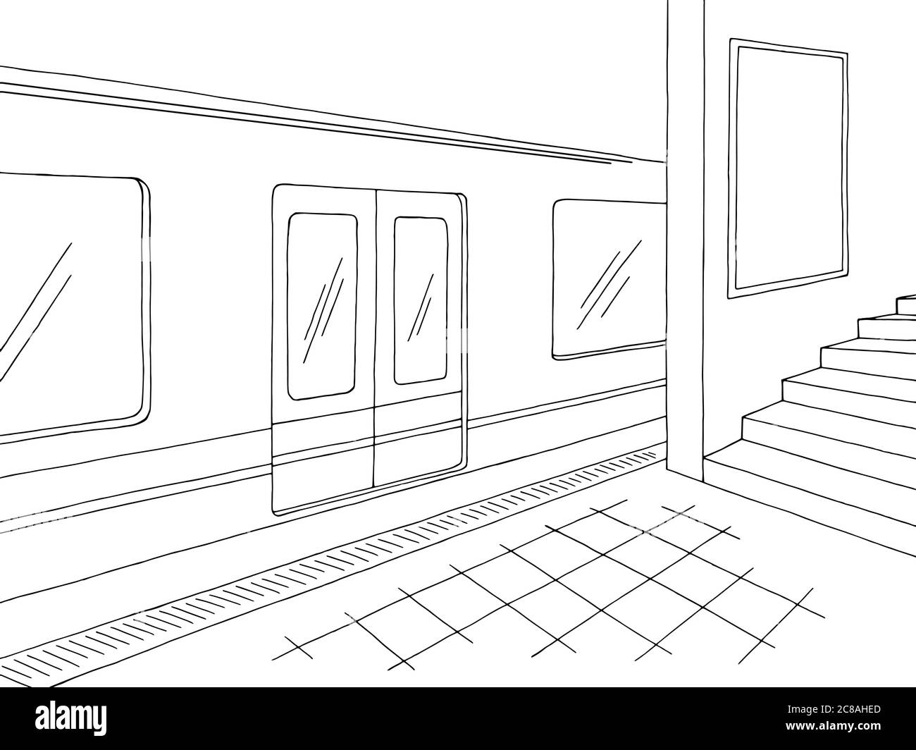 Station de métro plate-forme train panneau graphique noir blanc esquisse illustration vecteur Illustration de Vecteur