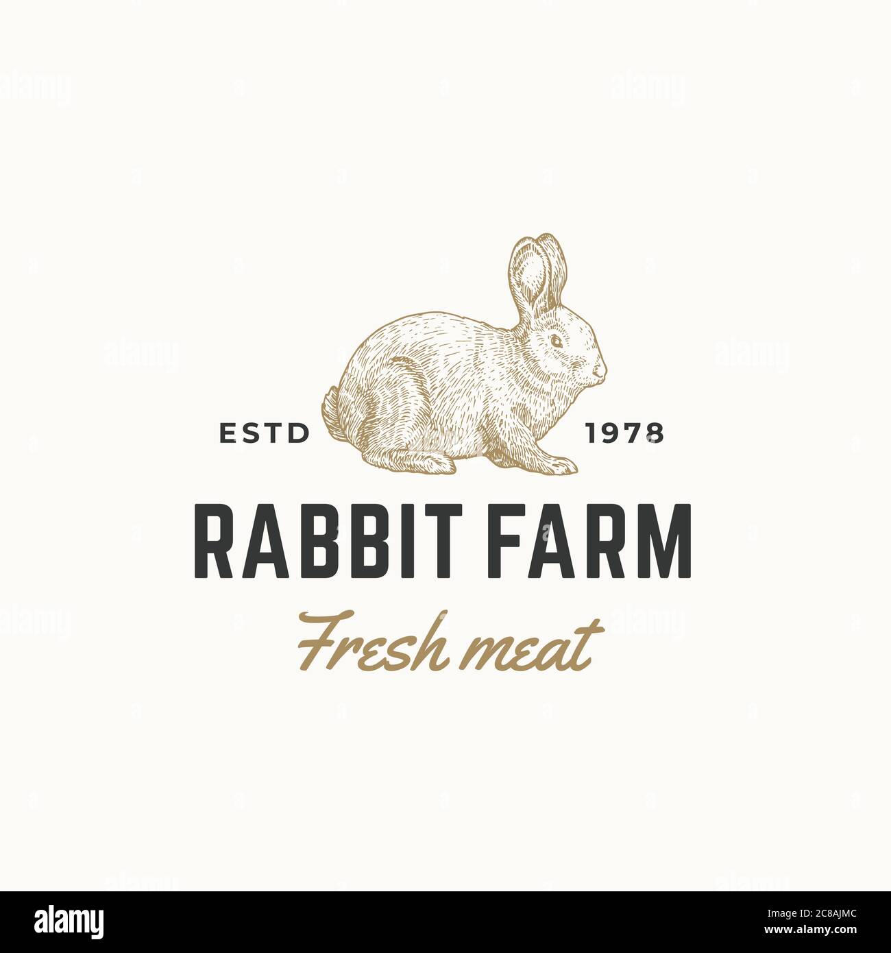 Modèle de symbole, de symbole ou de logo pour le vecteur de viande fraîche de la ferme de lapin. Dessin main de lapin en gravure Sillfter esquisse avec Typographie rétro. Vintage Illustration de Vecteur