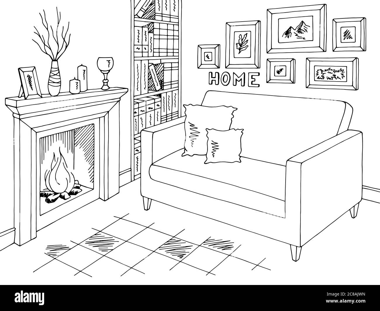 Salon graphique noir blanc intérieur dessin illustration vecteur Illustration de Vecteur