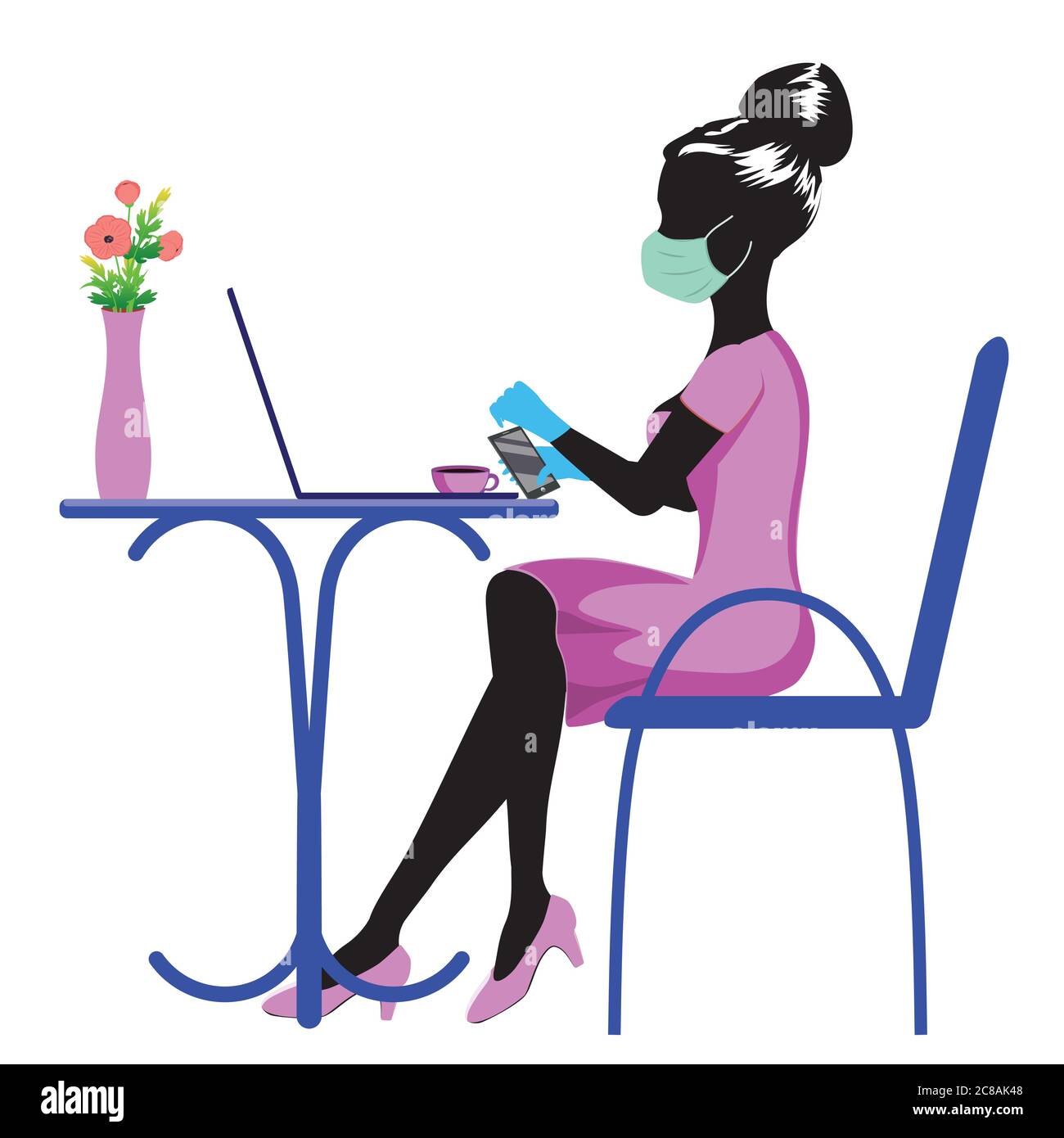 Indépendant, étudiant ou femme d'affaires en masque assis sur une chaise et travaillant sur un ordinateur portable dans un café ou à la maison. Illustration de Vecteur