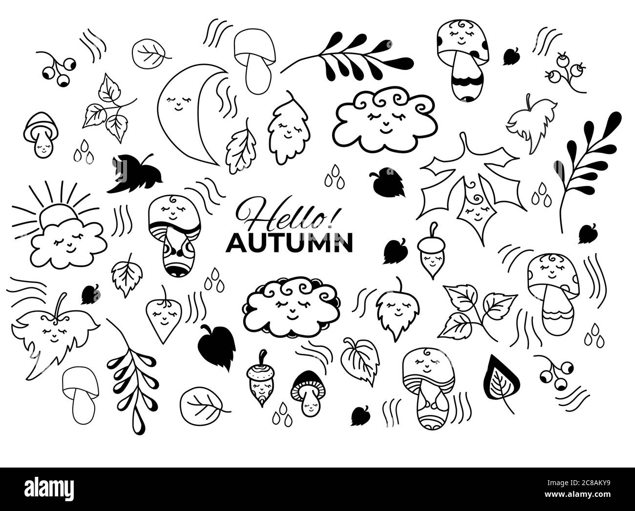 Ensemble vectoriel de dessins d'automne. Feuilles, baies et champignons, un gland et un nuage aux visages mignons et aux yeux fermés. À utiliser pour la conception d'automne et Illustration de Vecteur