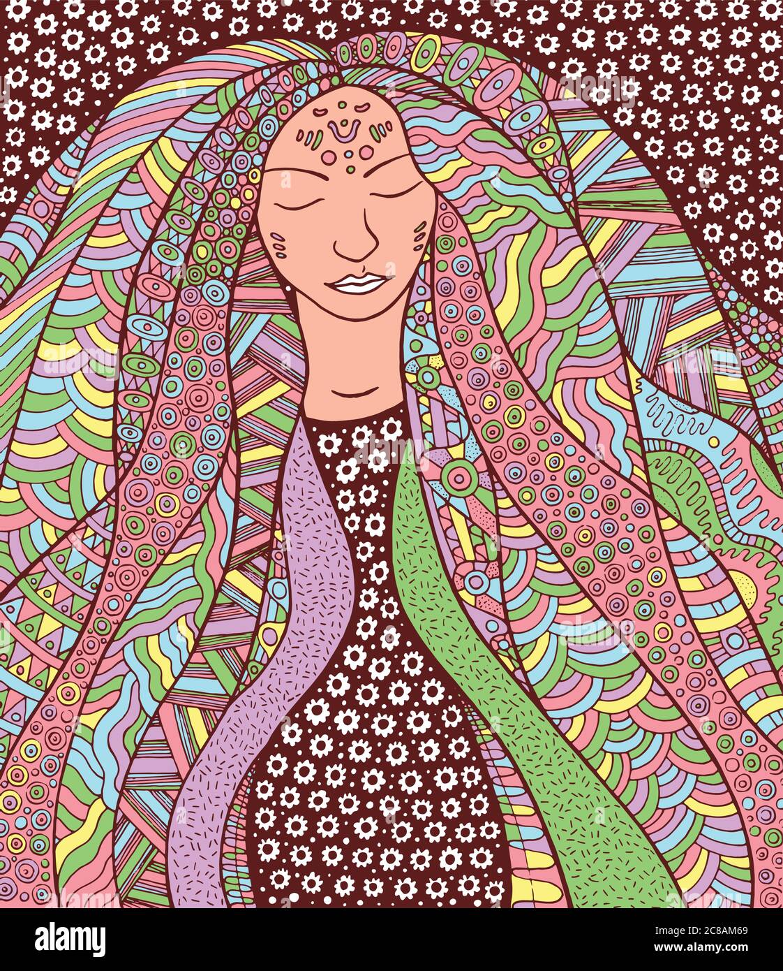 Shaman hippie fille avec cheveux ornés. Allégorie pour l'Aurora Borealis islandais Illustration de Vecteur