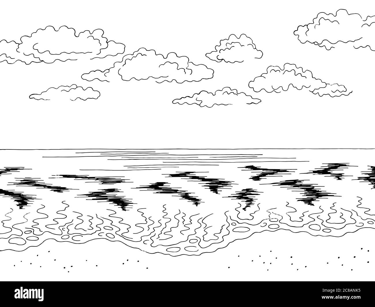 Mer côte graphique plage noir blanc paysage esquisse illustration vecteur Illustration de Vecteur