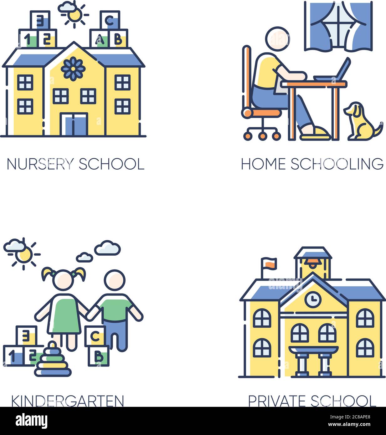 Etudier étudiant jeu d'icônes de couleur RVB. École maternelle, maternelle et à domicile. Enseignement primaire et secondaire privé. Vecteur isolé il Illustration de Vecteur