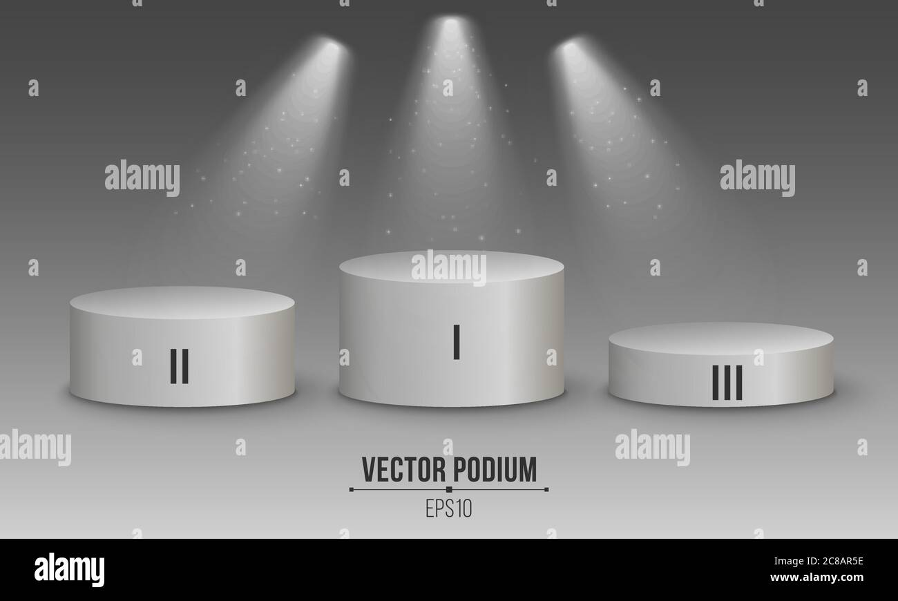 Podium blanc vide 3D sur fond gris foncé. Les chiffres sont en premier, deuxième et troisième en haut. Projecteurs blancs. Illustration vectorielle. SPE 10 Illustration de Vecteur