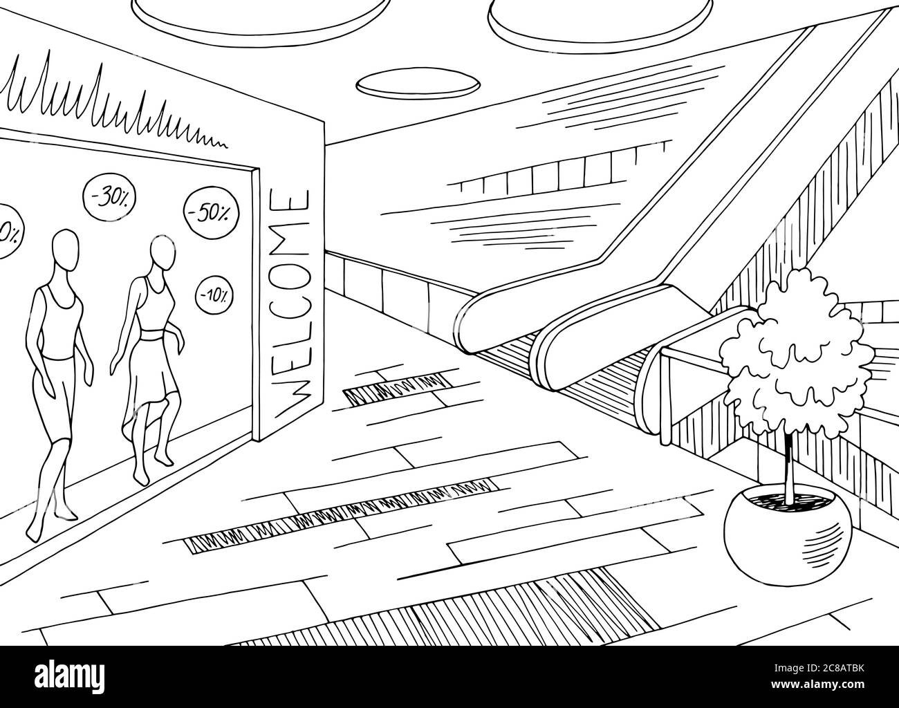 Illustration vectorielle d'un dessin d'intérieur noir blanc graphique de centre commercial Illustration de Vecteur