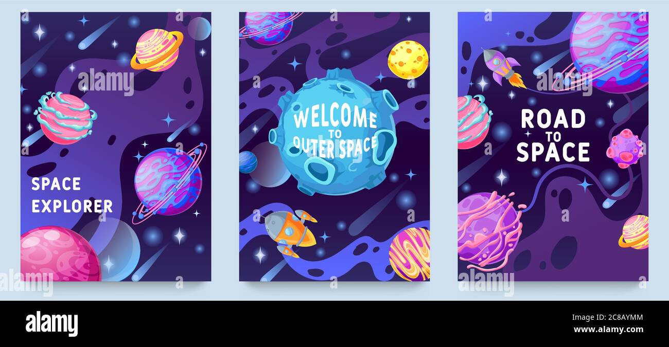 Affiches pour enfants de Fantasy planètes. Objets cosmiques multicolores, espace galaxie World design pour flyer, magazine, poster ou livre couverture vecteur set. Bienvenue sur ou Illustration de Vecteur