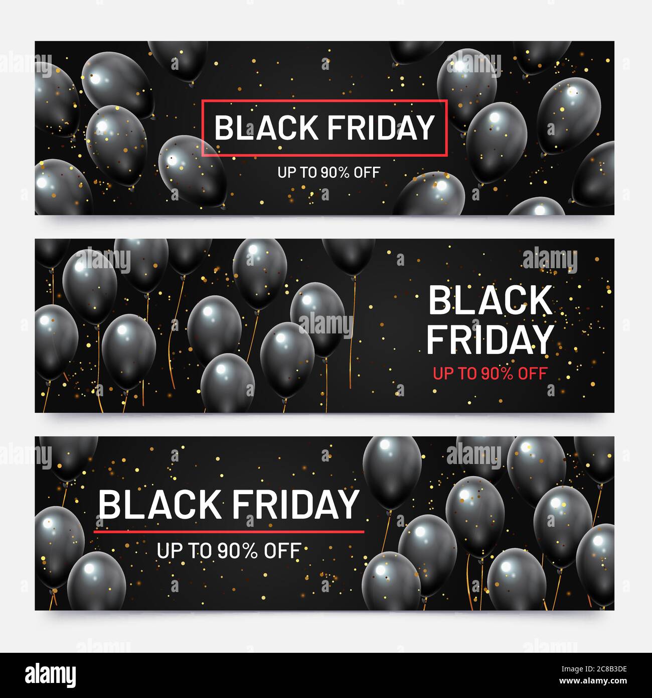 Mise en place de bannières horizontales pour solde du Vendredi fou. Ballons volants brillants avec confetti dorés. Remise sur les produits en magasin, grande vente jusqu'à 90 percen Illustration de Vecteur