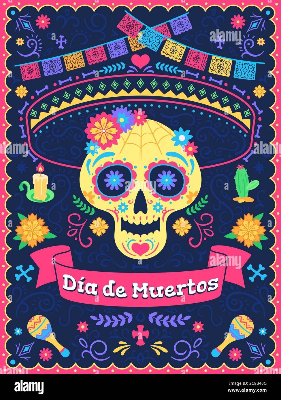 Affiche de dia de los muertos. Vacances de jour mort, crâne avec fleurs, rubans et texte, festival latin mexicain traditionnel, fond vectoriel. Fla colorée Illustration de Vecteur