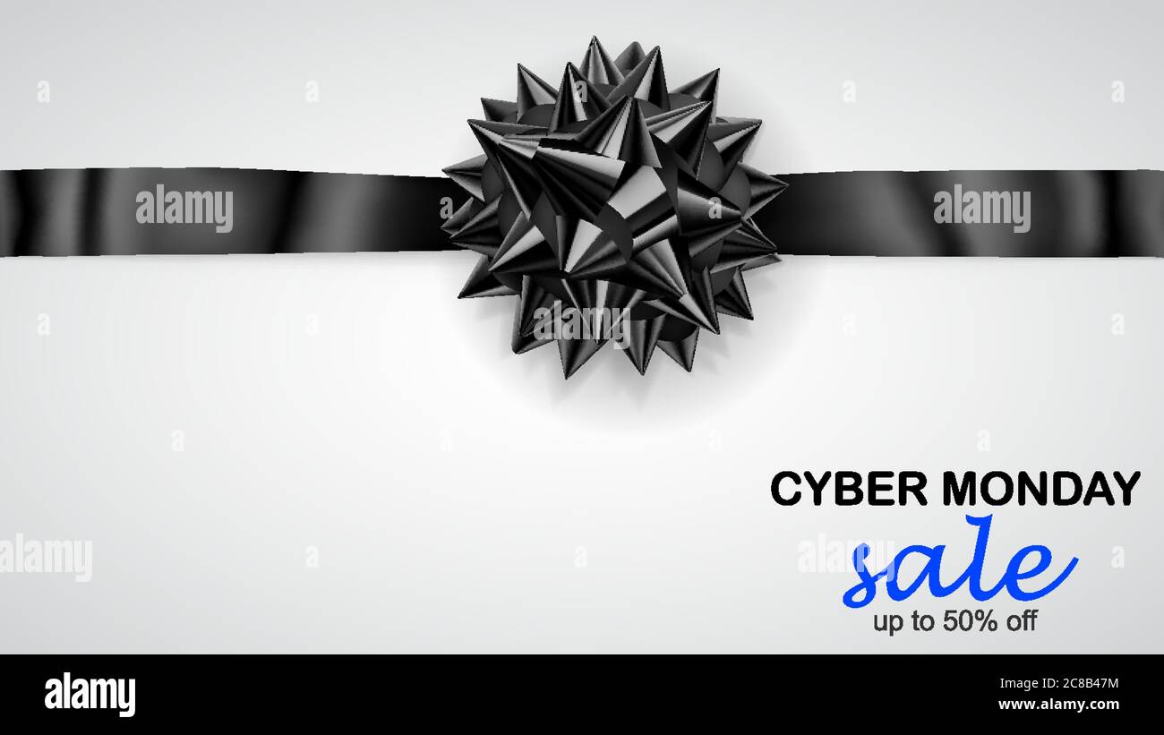 Noeud noir avec ruban horizontal avec ombre et inscription Cyber Monday sale sur fond blanc Illustration de Vecteur