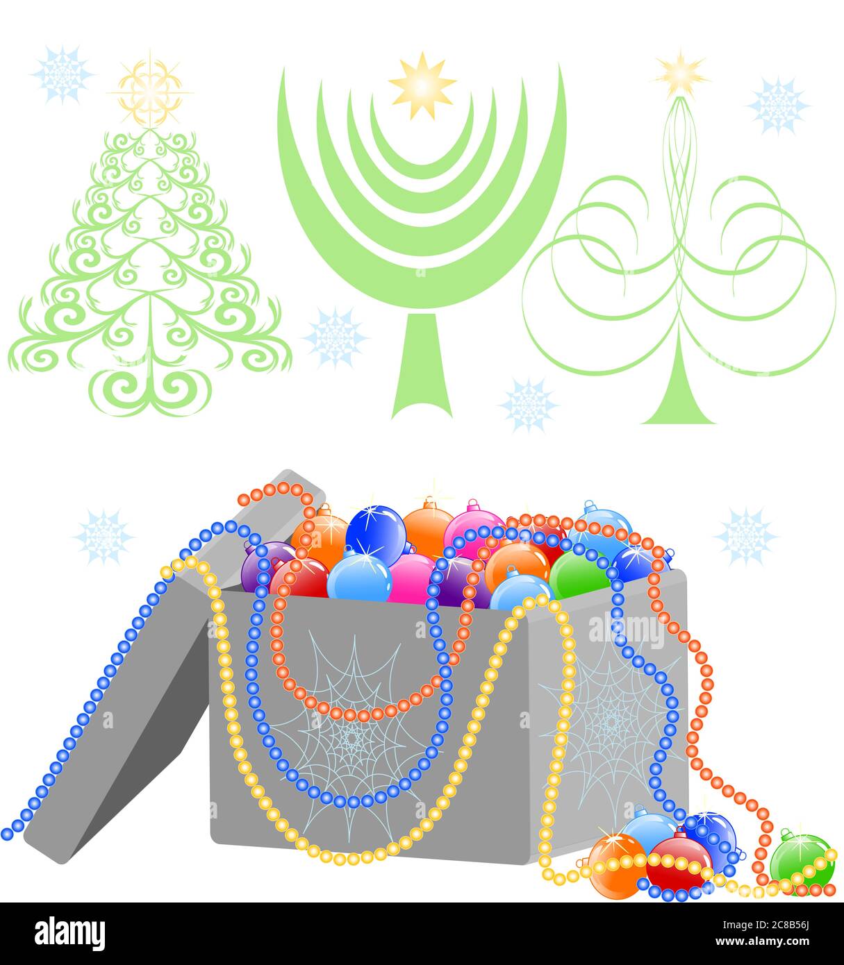 Illustration vectorielle d'une boîte avec les décorations d'arbre de Noël isolées sur fond blanc Illustration de Vecteur
