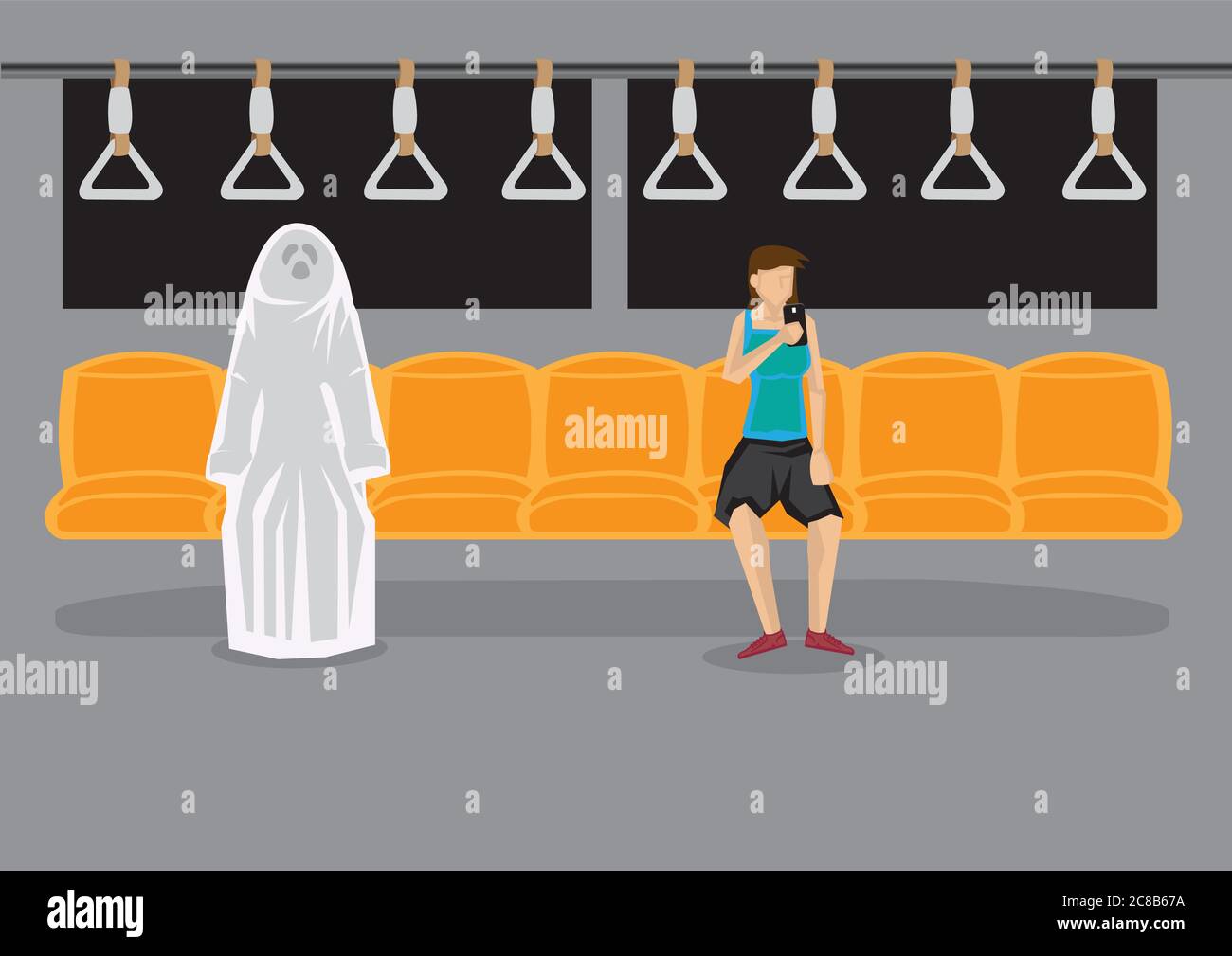 Caricature femme assise seule dans le métro à l'aide d'un téléphone à main et ignorant un fantôme à côté d'elle. Illustration vectorielle créative sur le conflue surnaturel Illustration de Vecteur