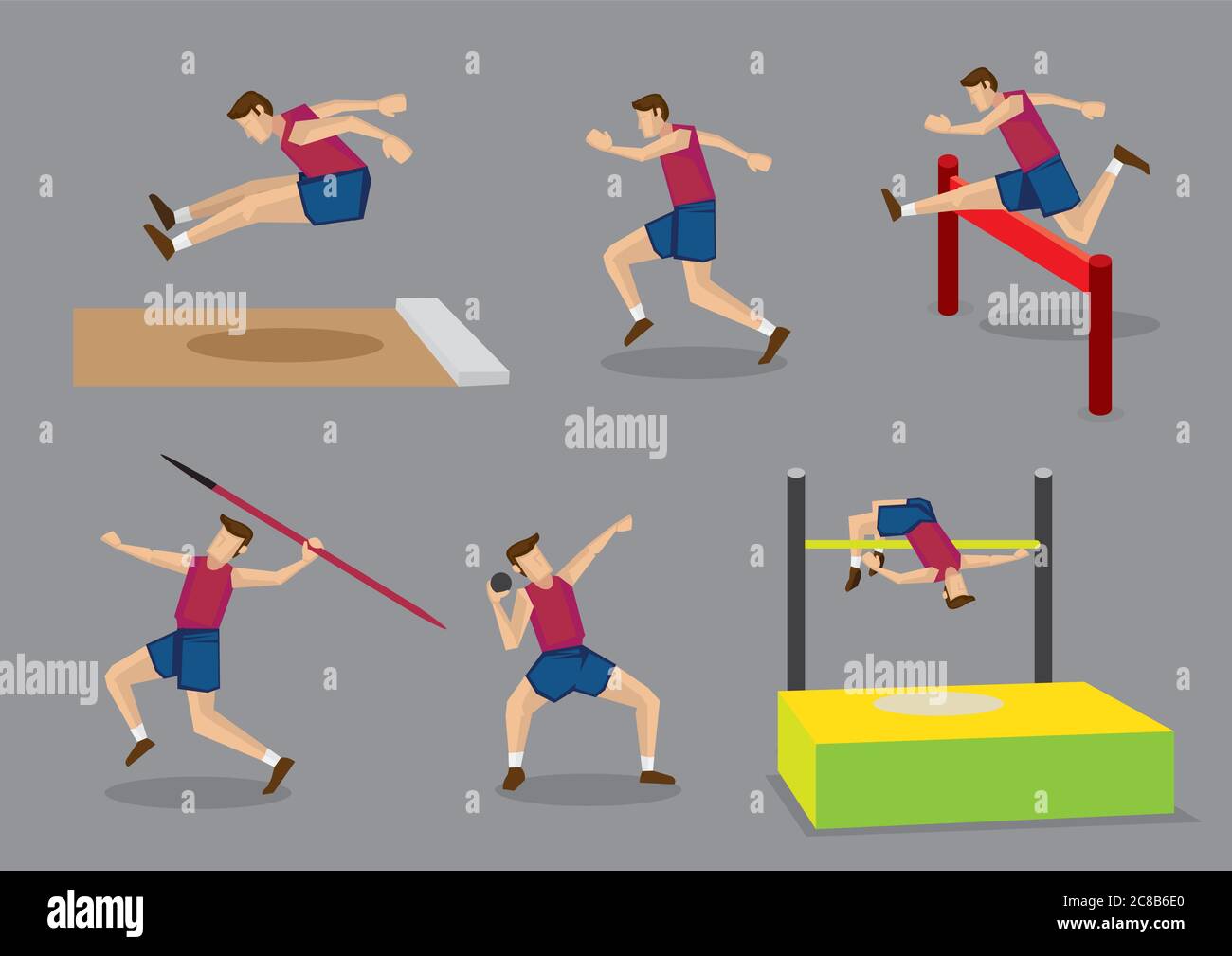 Illustration vectorielle athlète faisant différents sports de piste et de terrain, long saut, course, haies, lancer de javelin, tir mis et saut élevé, isolé sur gr Illustration de Vecteur