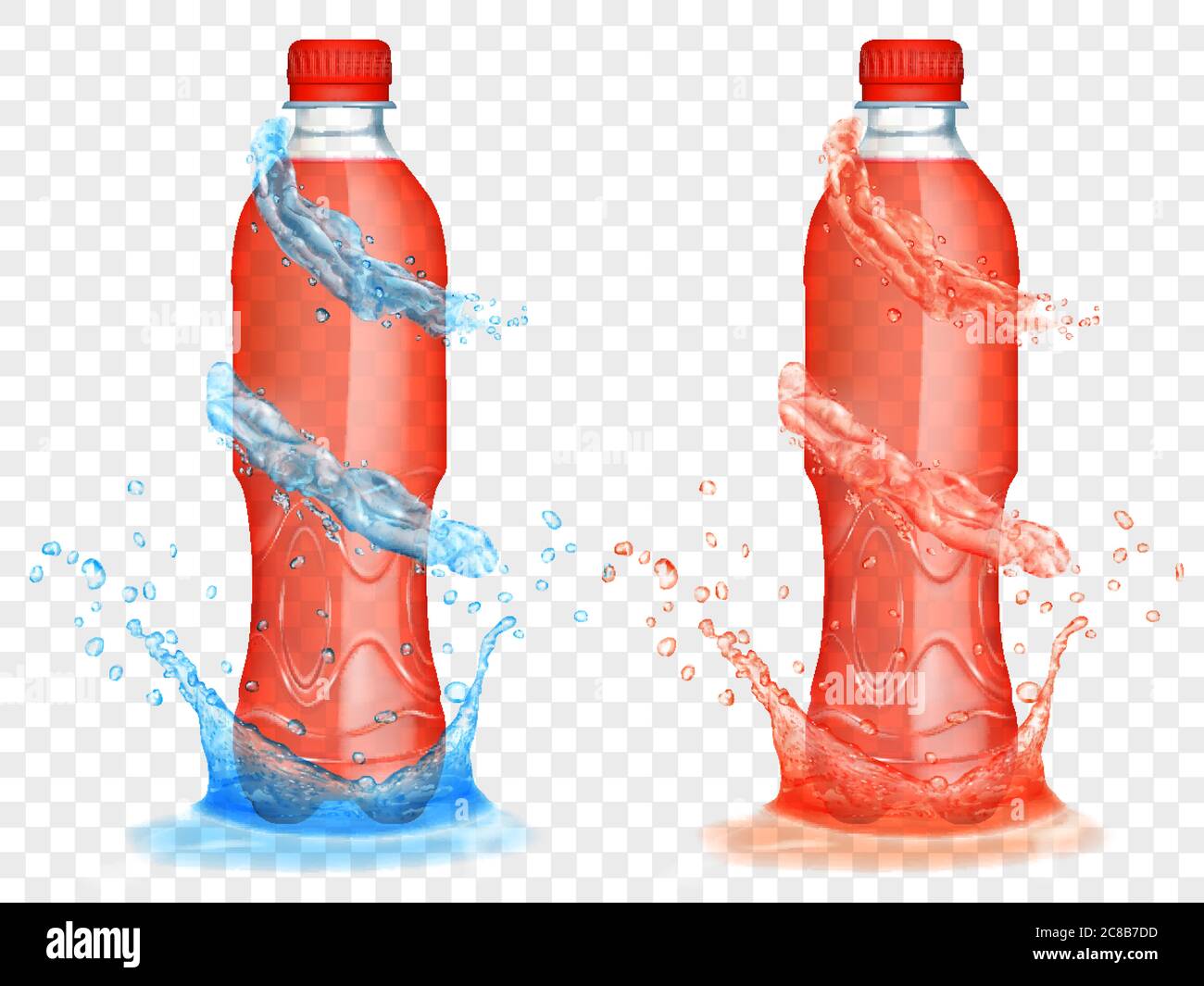 Deux bouteilles en plastique translucide remplies de jus rouge, avec des couronnes et des éclaboussures bleu clair, isolées sur fond transparent. Transparence Illustration de Vecteur