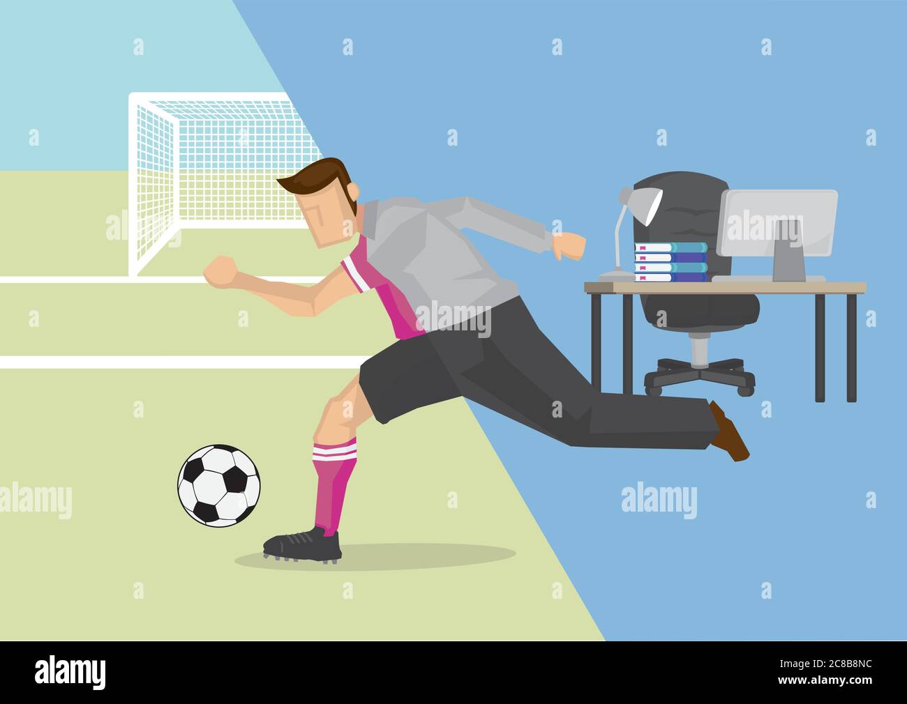 Illustration vectorielle du concept de l'équilibre entre vie et travail. Jeune homme d'affaires en costume au bureau et sur le terrain de football. Divisé en deux parties. Illustration de Vecteur