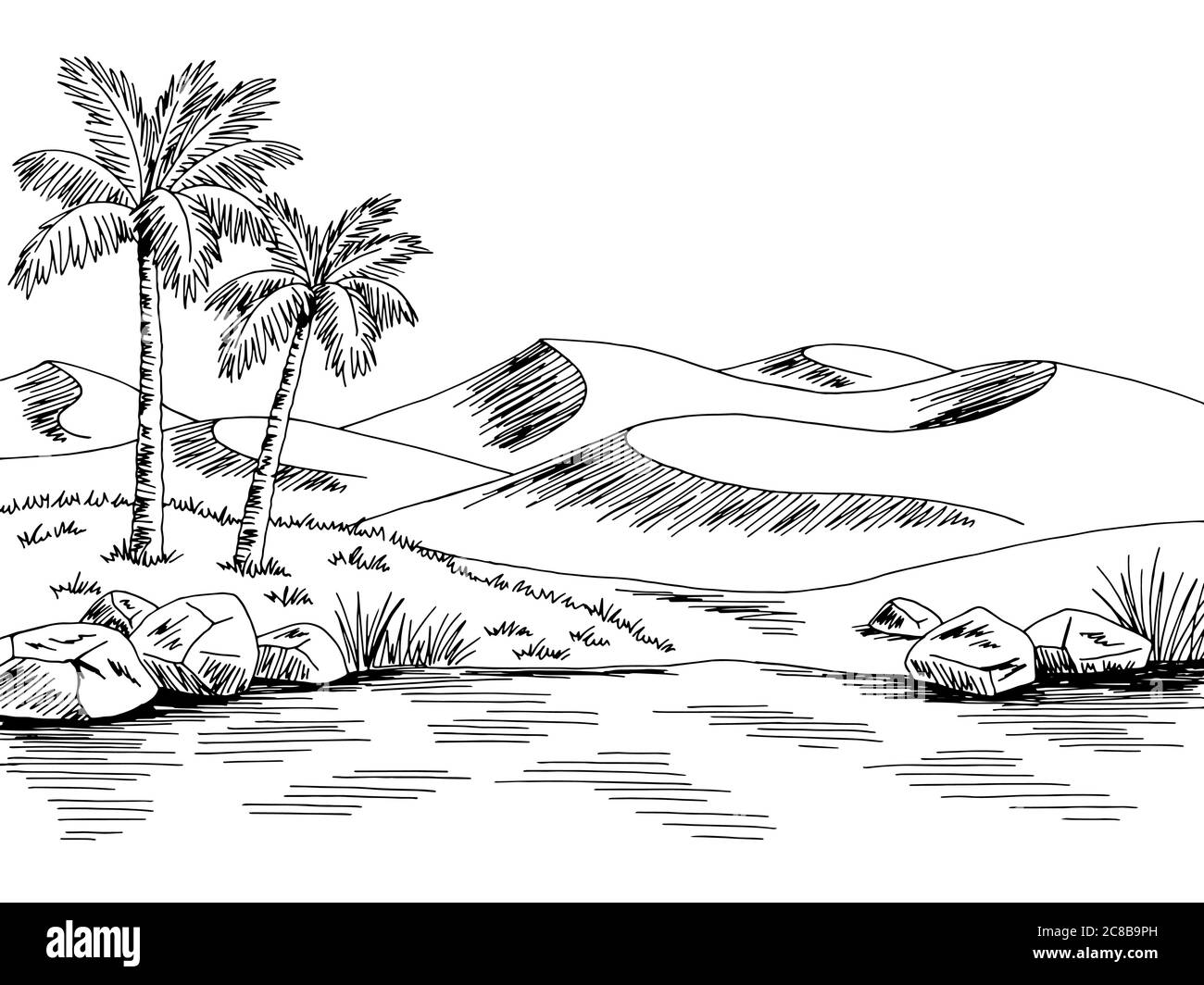 Desert River graphique noir blanc paysage dessin illustration vecteur Illustration de Vecteur