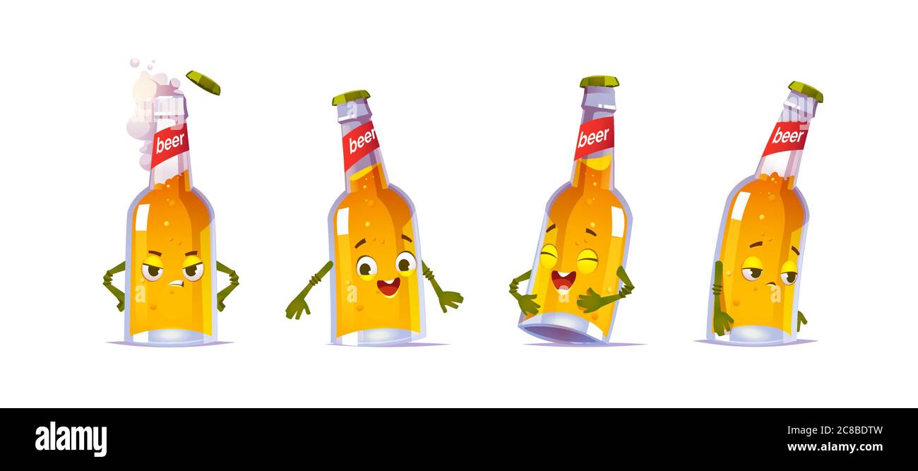 Le personnage de la bouteille de bière, la fiole en verre de kawai drôle  avec boisson à l'alcool liquide jaune et le visage mignon expriment des  émotions heureuses et tristes. Éléments de
