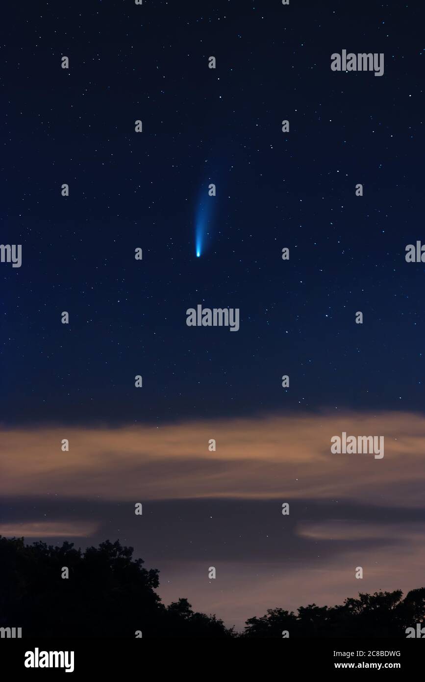 Neowise comet sur ciel étoilé sombre et nuageux Banque D'Images