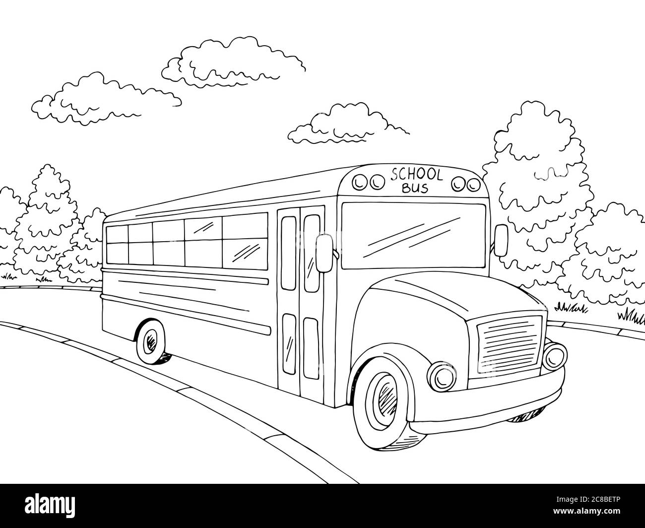 Bus scolaire graphique noir blanc paysage de rue esquisse illustration vecteur Illustration de Vecteur