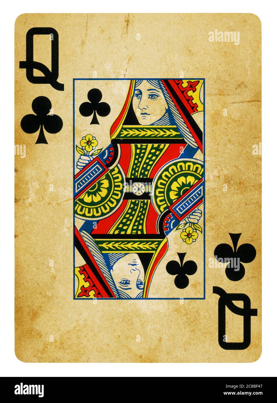 Reine de Clubs Vintage playing card - isolated on white (chemin inclus) Banque D'Images