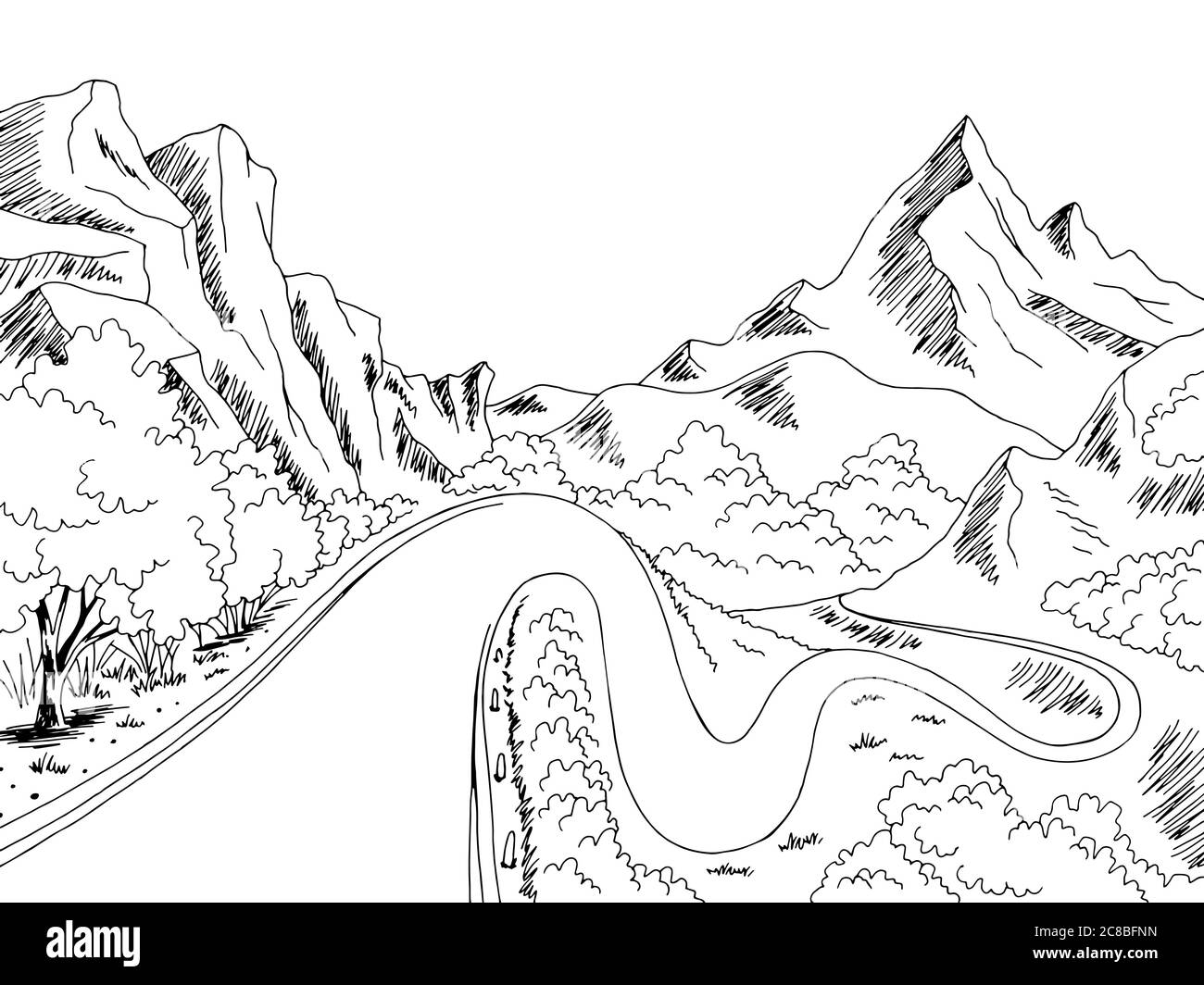 Mountain pass Road Graphic noir blanc paysage dessin illustration vecteur Illustration de Vecteur