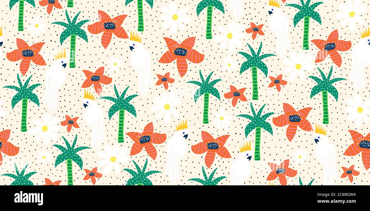Motif floral tropical sans couture avec des blattes. Les oiseaux exotiques perrotent entre les fleurs rouges et les palmiers. Illustration de la faune exotique. Pour Banque D'Images