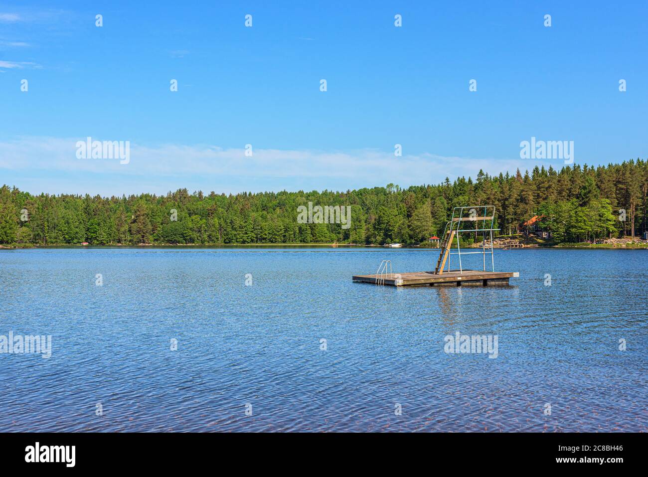 Un flotteur dans un lac avec une tour de plongée. Forêts en arrière-plan. Banque D'Images