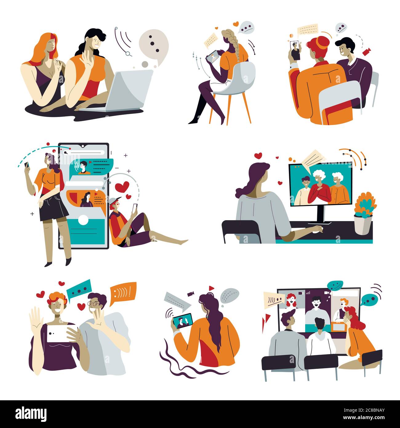 Les familles communiquent par vidéoconférence et chat en ligne Illustration de Vecteur