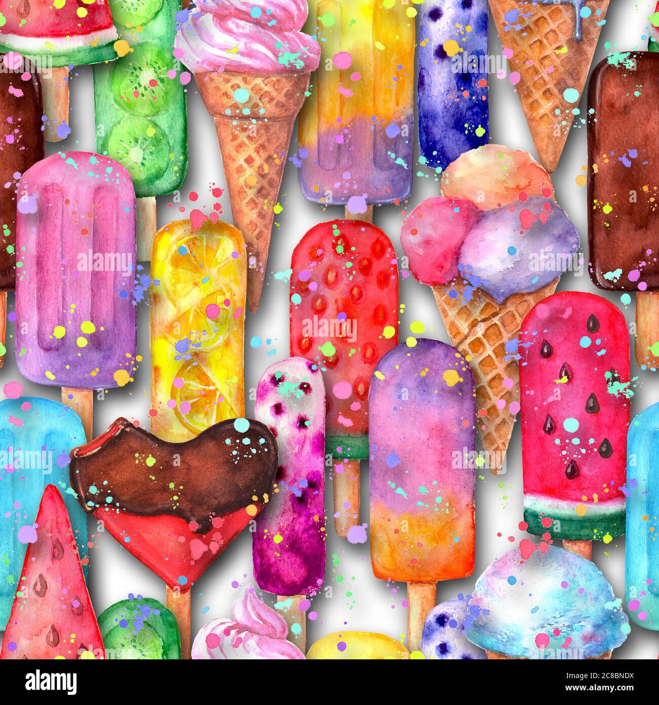 Motif aquarelle sans couture dessiné à la main avec crème glacée multicolore et éclaboussures sur fond blanc. Style de coupe de papier, effet 3d. Banque D'Images
