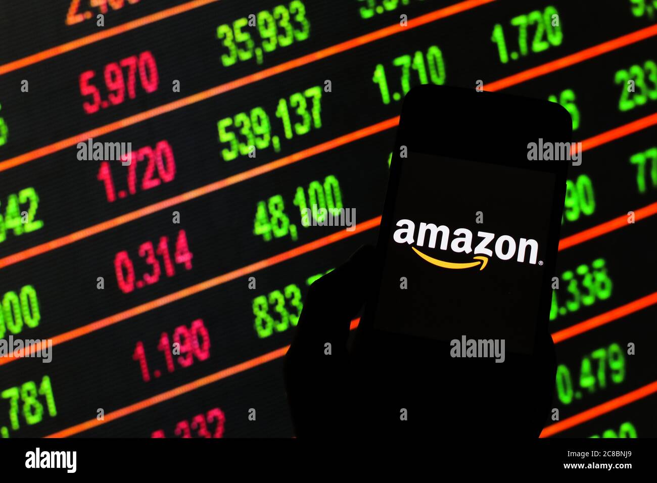 Sur cette photo, une illustration logo Amazon vu affichée sur un smartphone. Banque D'Images