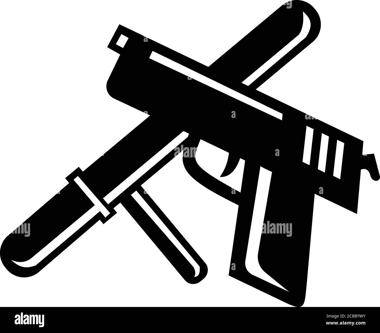 Illustration de style rétro d'un bâton de police croisé, d'une matraque ou d'un bâton de nuit et d'un pistolet sur fond isolé, réalisée dans un style rétro noir et blanc. Illustration de Vecteur