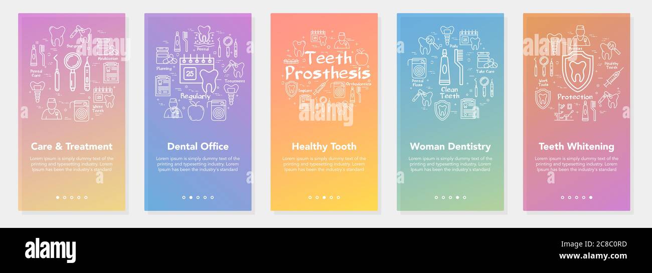 Cinq bannières verticales avec le concept de ligne de la dentisterie - prothèse dentaire et la dentisterie féminine Illustration de Vecteur