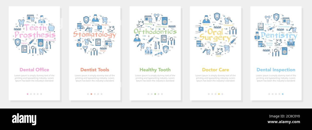 Cinq bannières verticales avec le concept de ligne de la dentisterie - inspection dentaire, bureau et outils Illustration de Vecteur