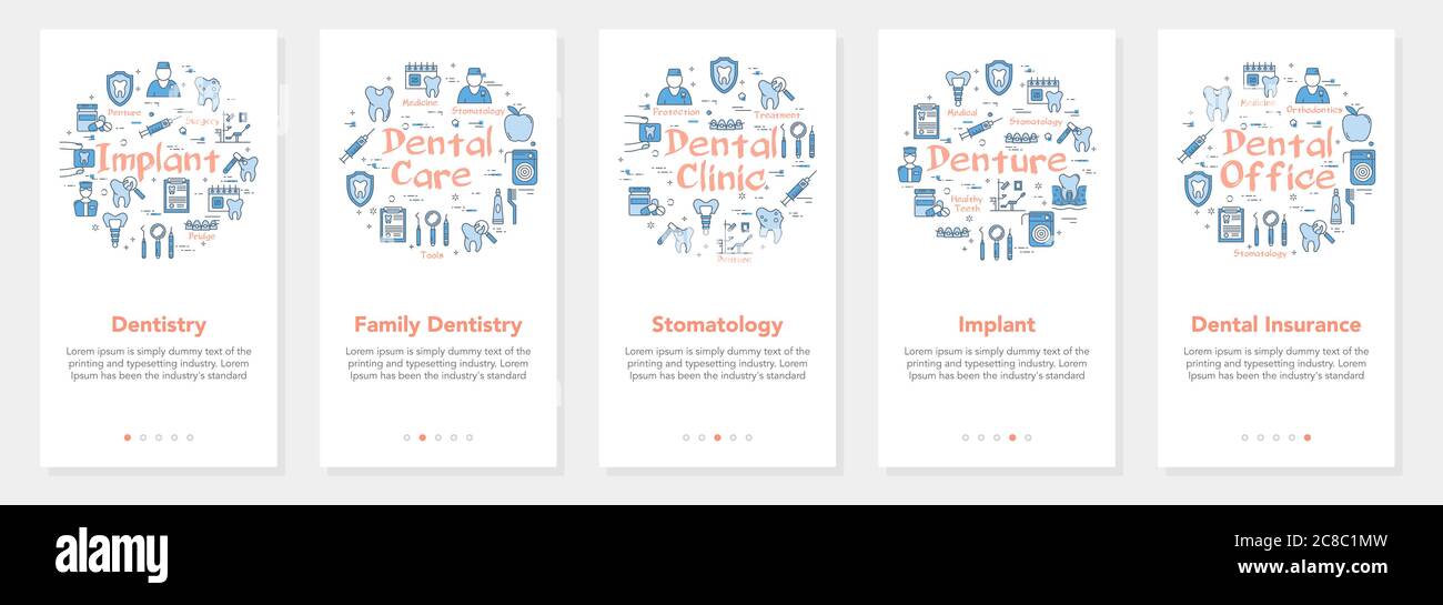 Cinq bannières verticales avec concept de ligne de la dentisterie - stomatologie et implant Illustration de Vecteur