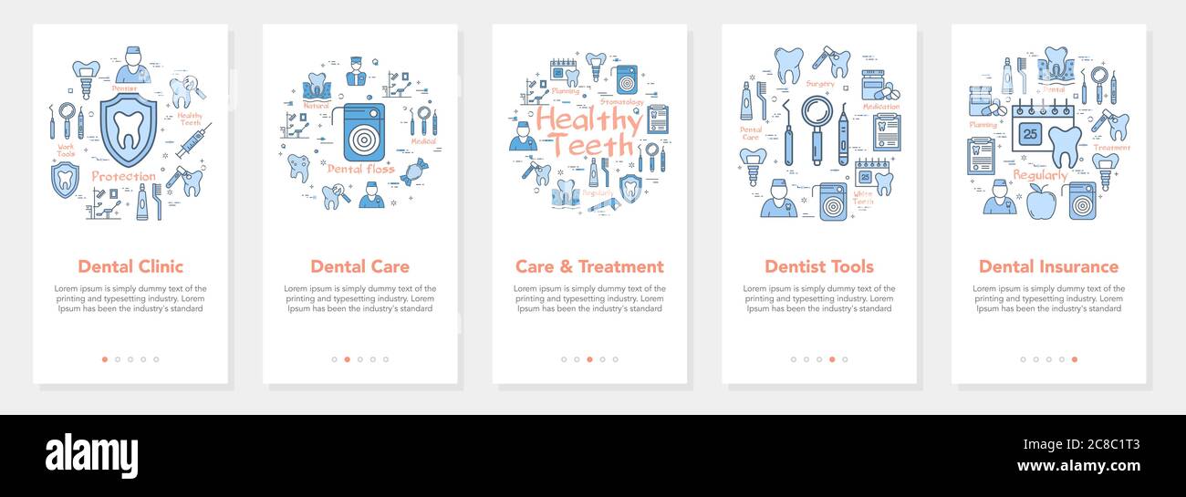 Cinq bannières verticales avec concept de ligne de la dentisterie - clinique dentaire et outils dentaires Illustration de Vecteur