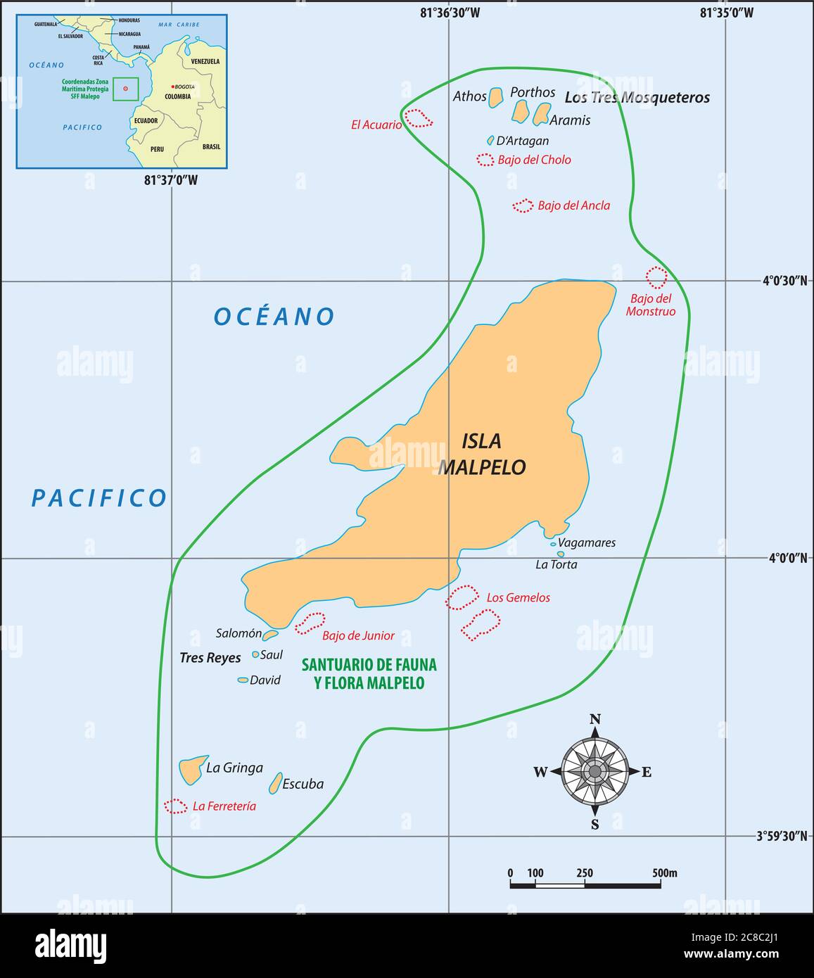 carte vectorielle de l'île colombienne du pacifique malpelo Illustration de Vecteur