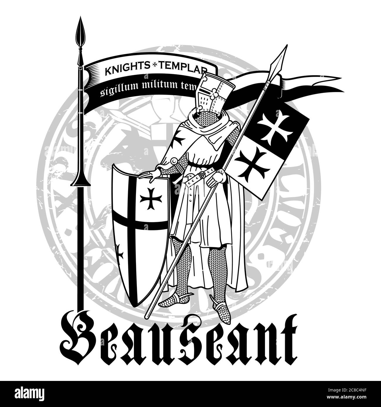 Design droit. Le chevalier Templier en armure avec une lance, un bouclier, un drapeau et un sceau médiéval de chevalier Illustration de Vecteur