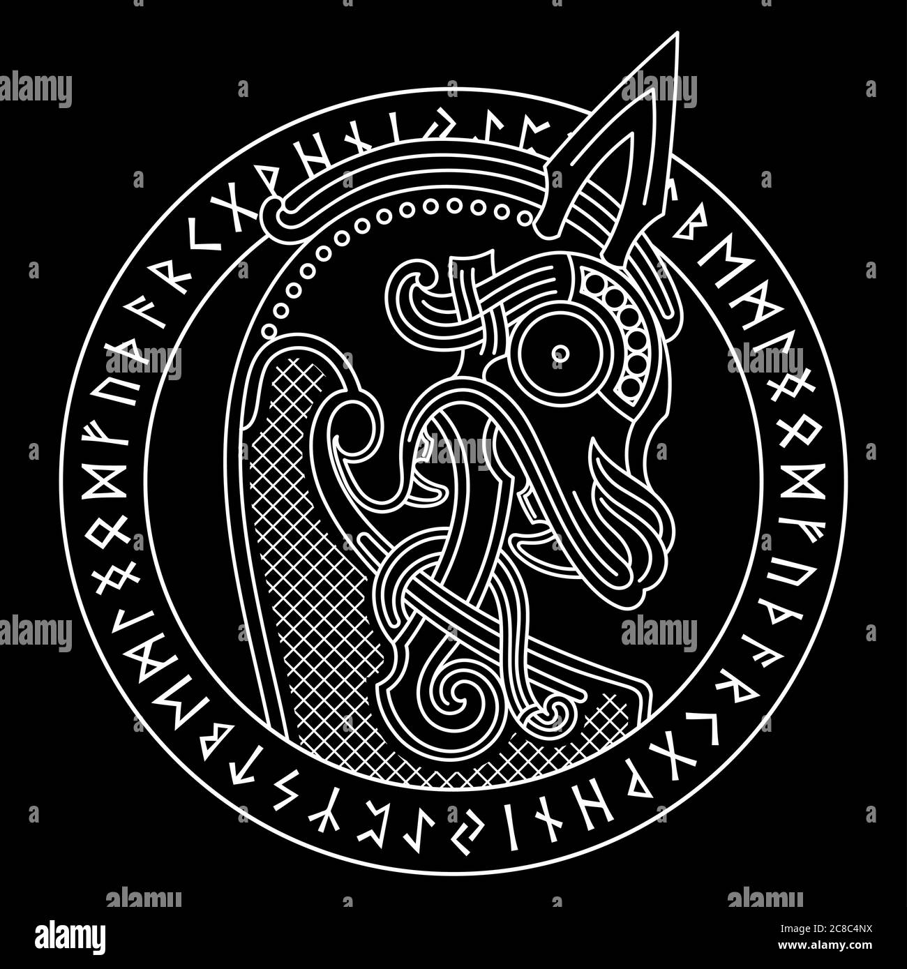 Design scandinave. La figure nasale du bateau viking Drakkar sous forme de dragone et de cercle runique Illustration de Vecteur