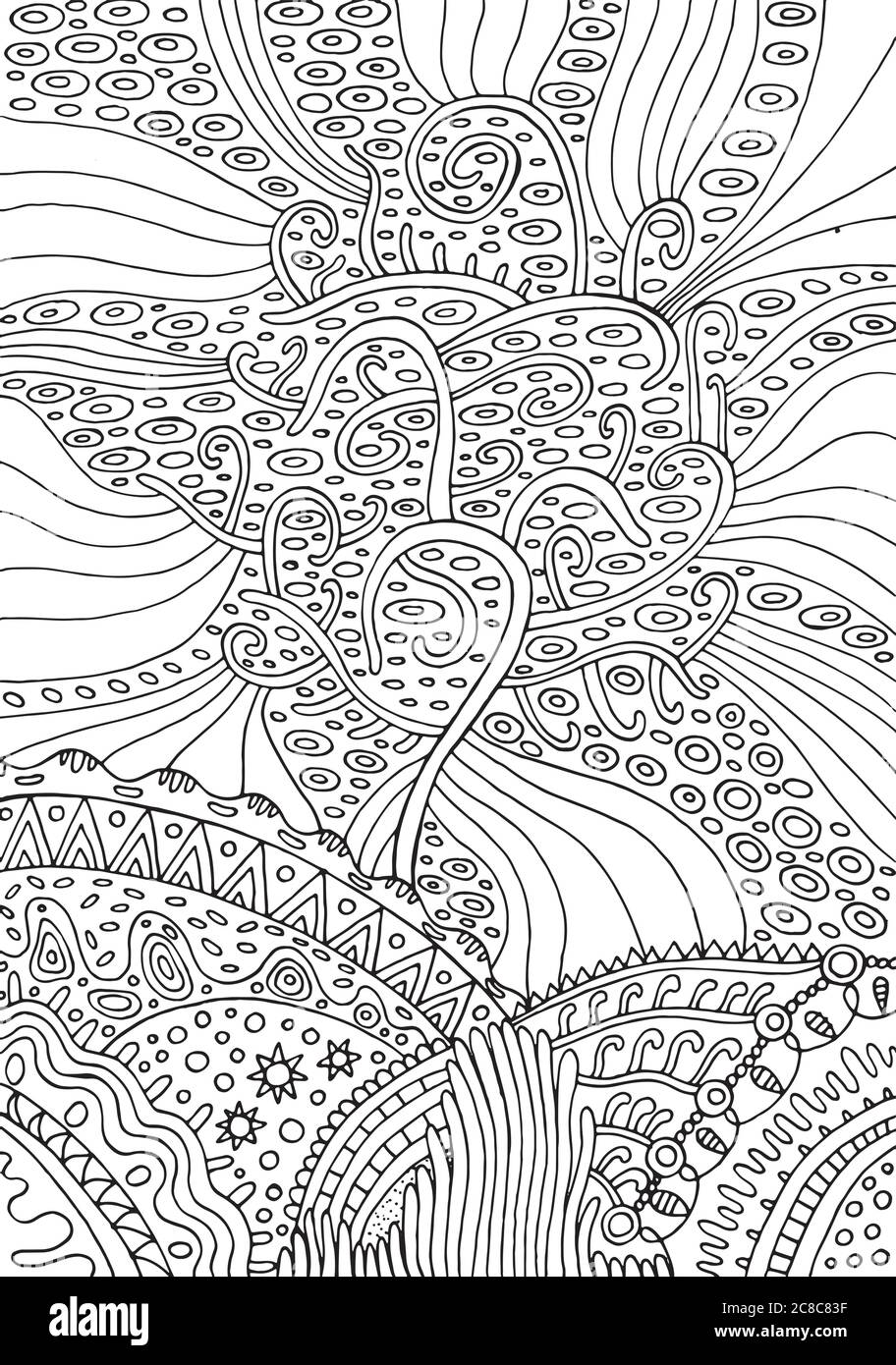 Arc-en-ciel de la vie. Page de coloriage psuchechélique fantaisie surréaliste pour adultes. Illustration vectorielle Illustration de Vecteur