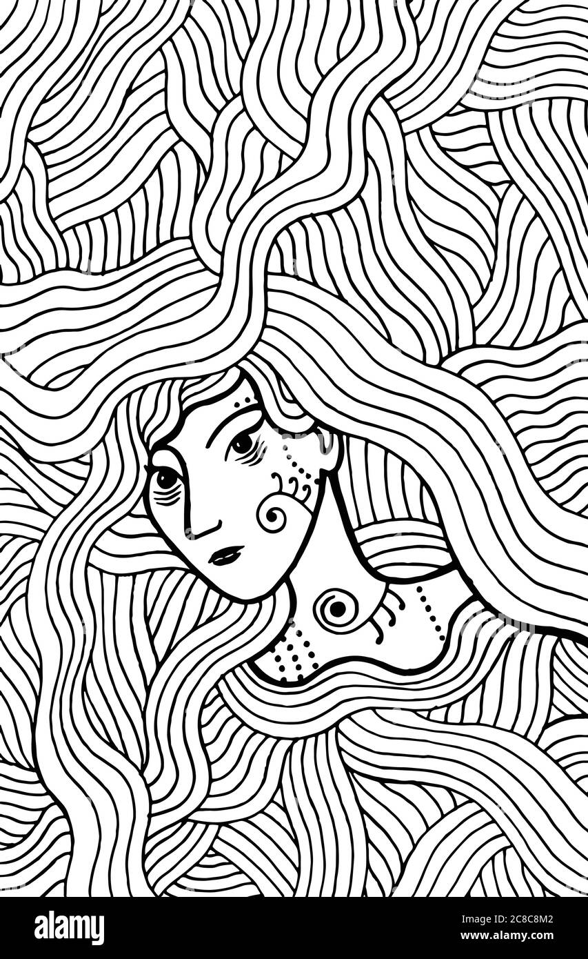 Une fille mystique chamane aux cheveux ondulés. Page de coloriage Doodle pour adultes. Illustration vectorielle Illustration de Vecteur