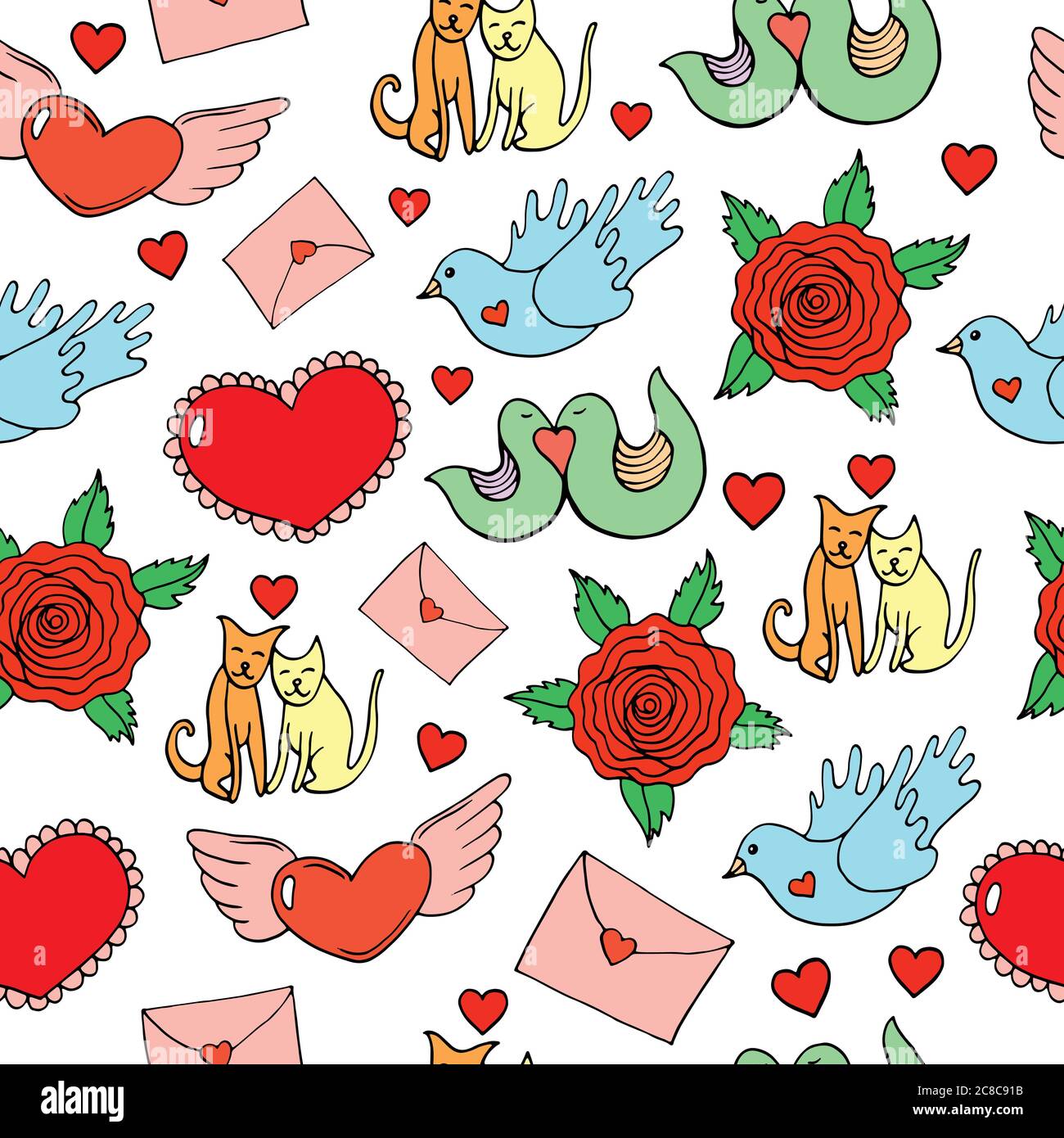 Motif Saint-Valentin sans coutures avec coeurs, oiseaux, chats, roses et lettres. Fond de dessin animé Doodle. Illustration vectorielle Illustration de Vecteur