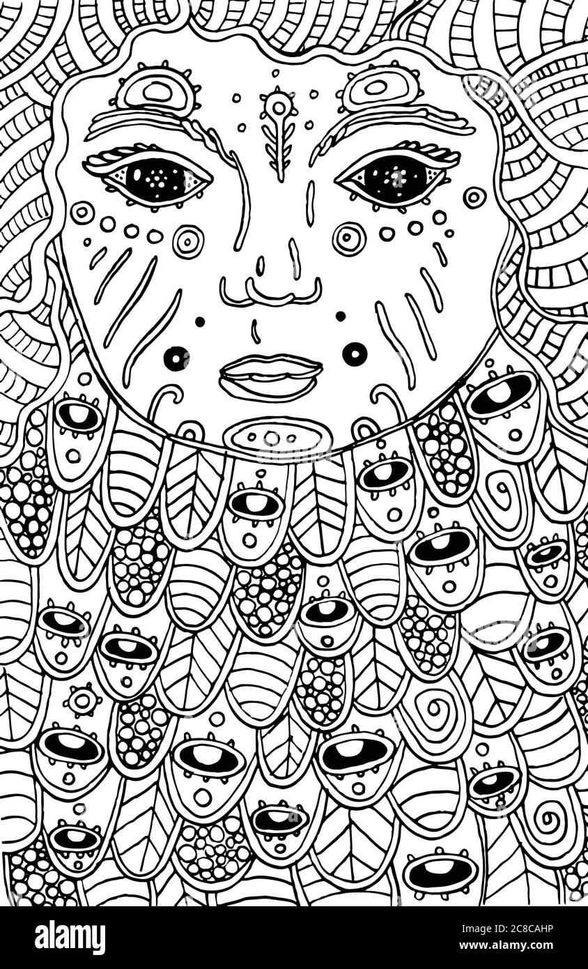 Surréaliste cosmique enfant - Doodle coloriage page pour adultes. Un visage fantastique avec des yeux magiques. Illustration de contour d'encre. Illustration vectorielle Illustration de Vecteur