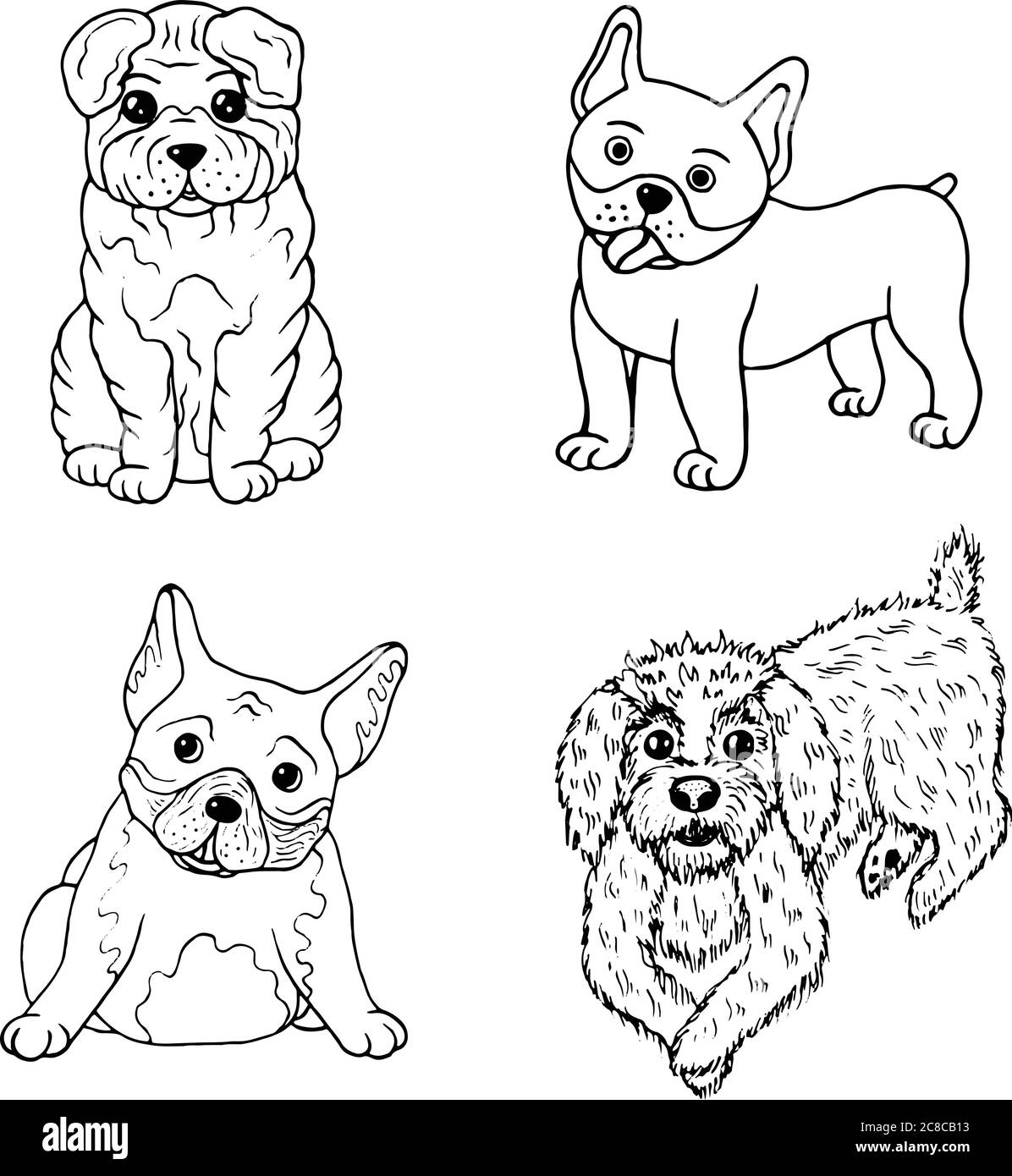 Page de coloriage des chiens de dessin animé. Collection de jeux isolés avec animaux de compagnie. Illustration vectorielle Illustration de Vecteur