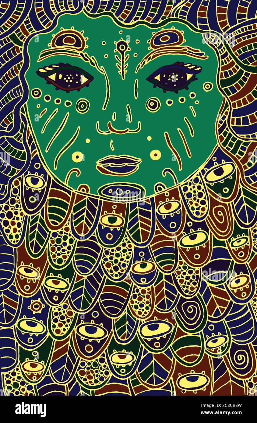 Surréaliste enfant cosmique - Doodle tribal graphique art fantastique visage avec des yeux magiques.affiche dessin animé. Illustration vectorielle Illustration de Vecteur
