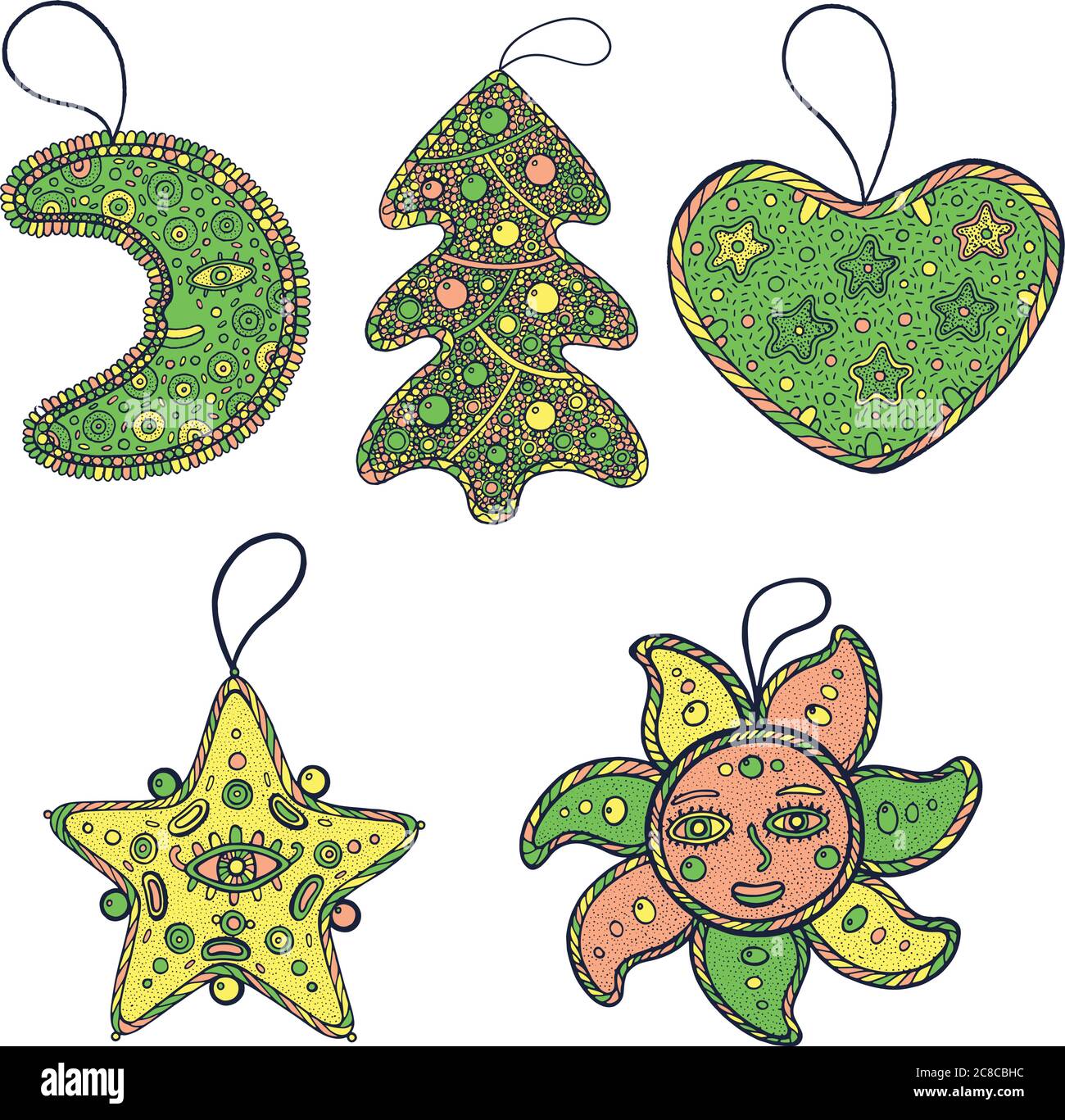 Ensemble de décoration de Noël pour arbre de noël - étoile, lune, soleil, coeur et arbre de noël. Collection d'art psychédélique. Illustration vectorielle Illustration de Vecteur