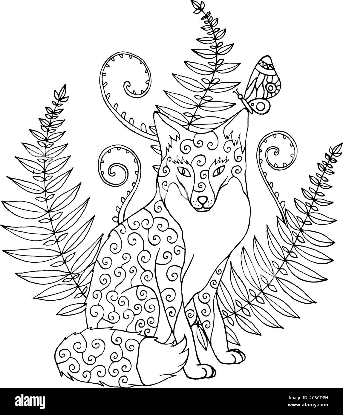 Renard en zentangle tribal avec fougères forestières. Couleur de la maquette Illustration de Vecteur