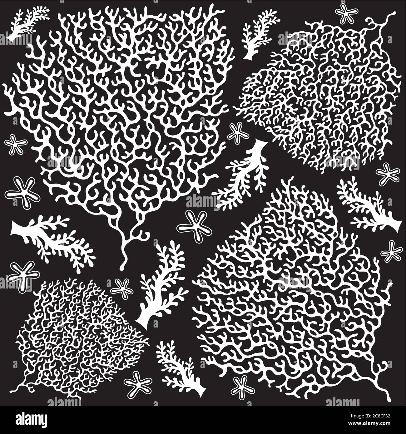 Motif corail dans les couleurs noir et blanc - feuillage et étoiles Illustration de Vecteur