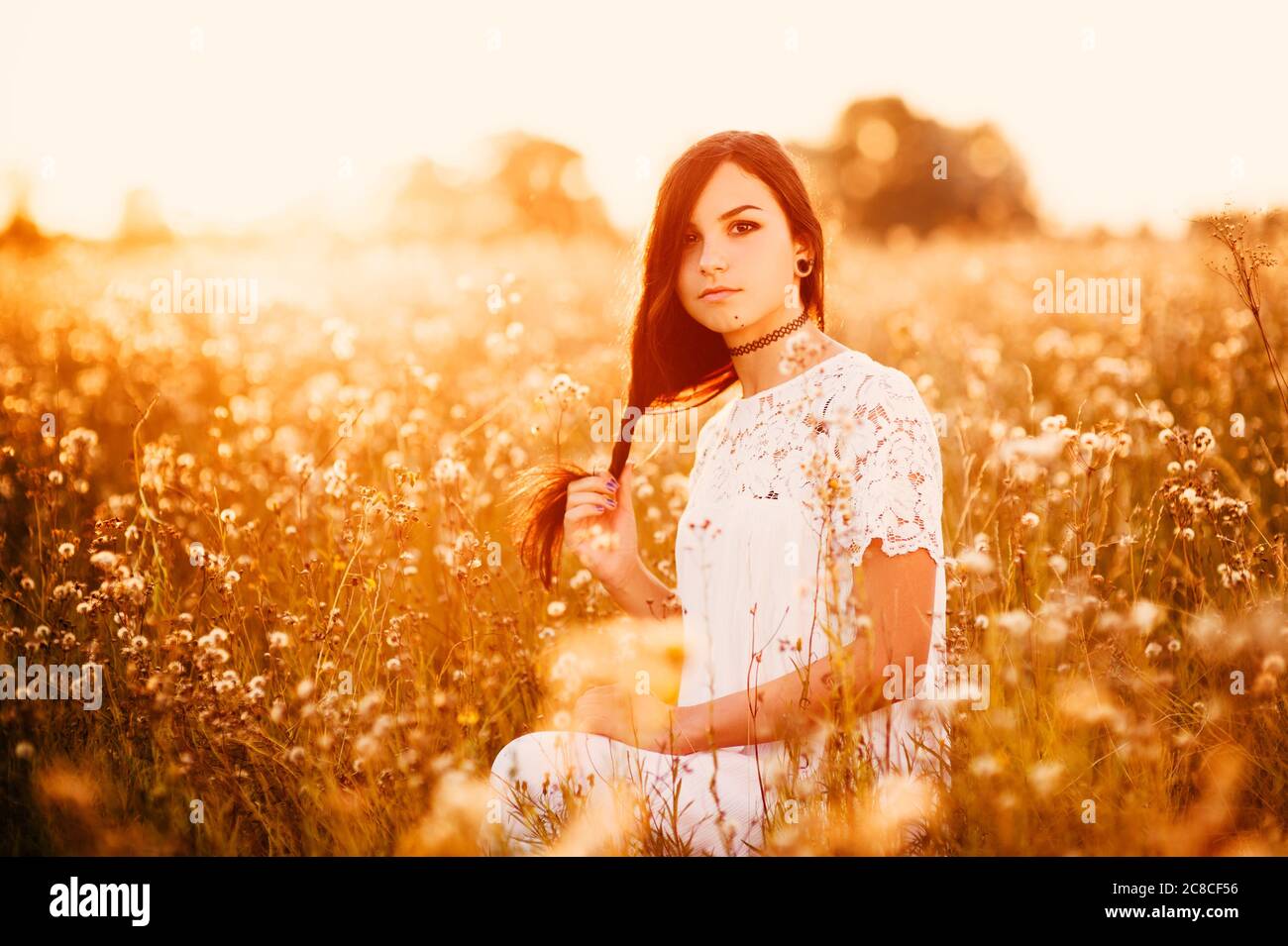 Belle jeune femme tendre génération Z avec de longs cheveux dans un champ de fleurs en été en robe au fond du coucher du soleil, concept Healthy Lifestyle Freedom Banque D'Images