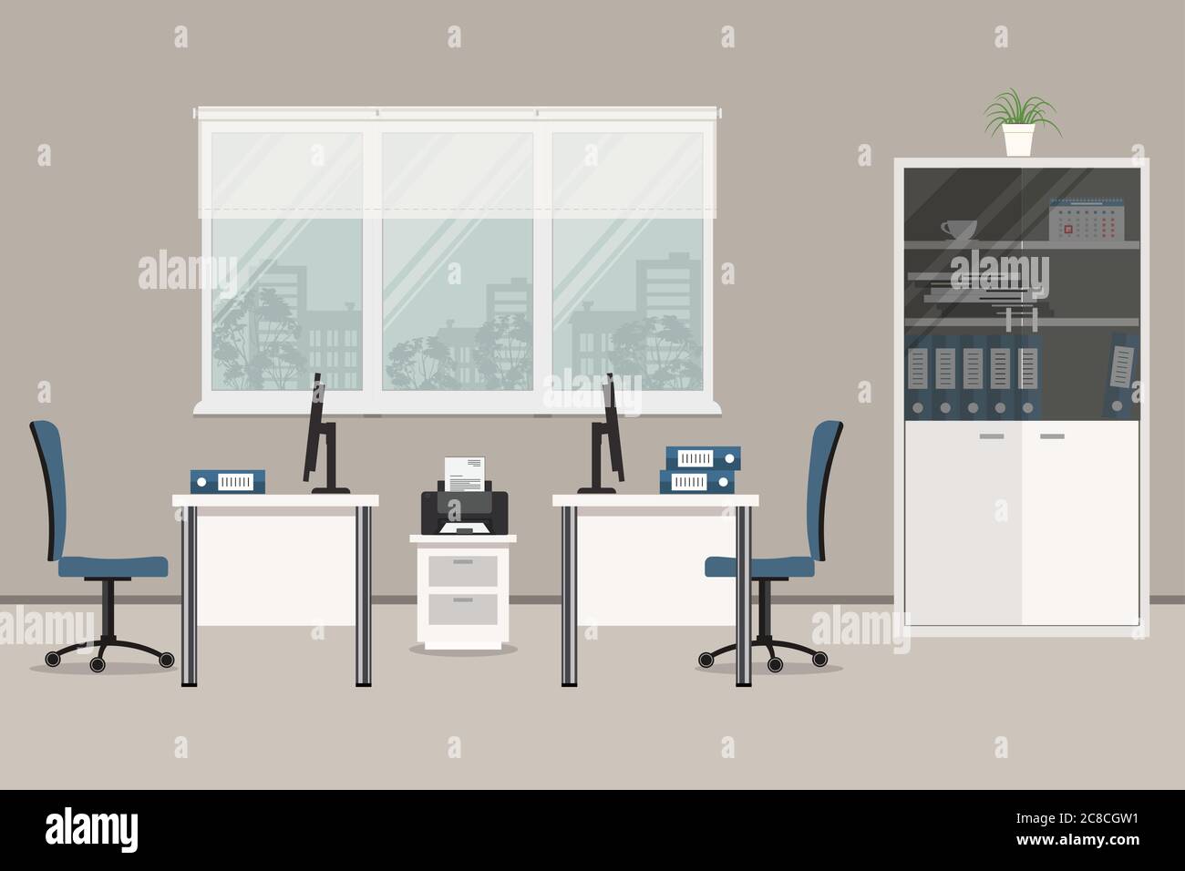 Intérieur de la salle de bureau. Il y a des bureaux, des chaises bleues, une armoire pour documents, une imprimante et d'autres objets dans la photo. Illustration vectorielle plate Illustration de Vecteur