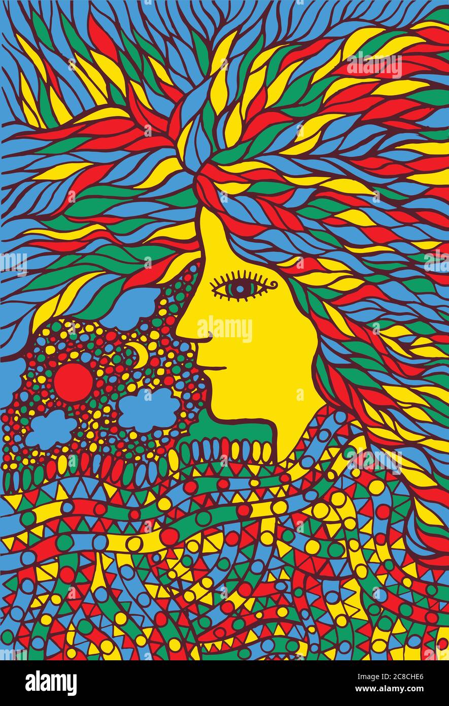 Portrait de femme tribale avec cheveux - art psychédélique. Fantastique Illustration de Vecteur